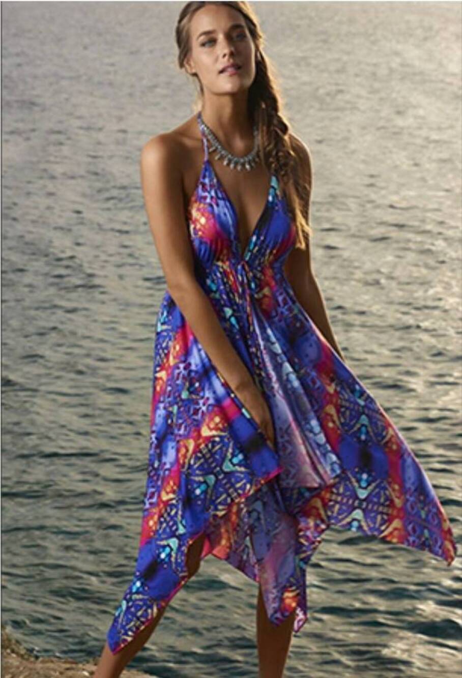 NWT PilyQ‎ Tribal Fire Nori Dress Colorful Halter Neck Asymmetric Hem XS/S